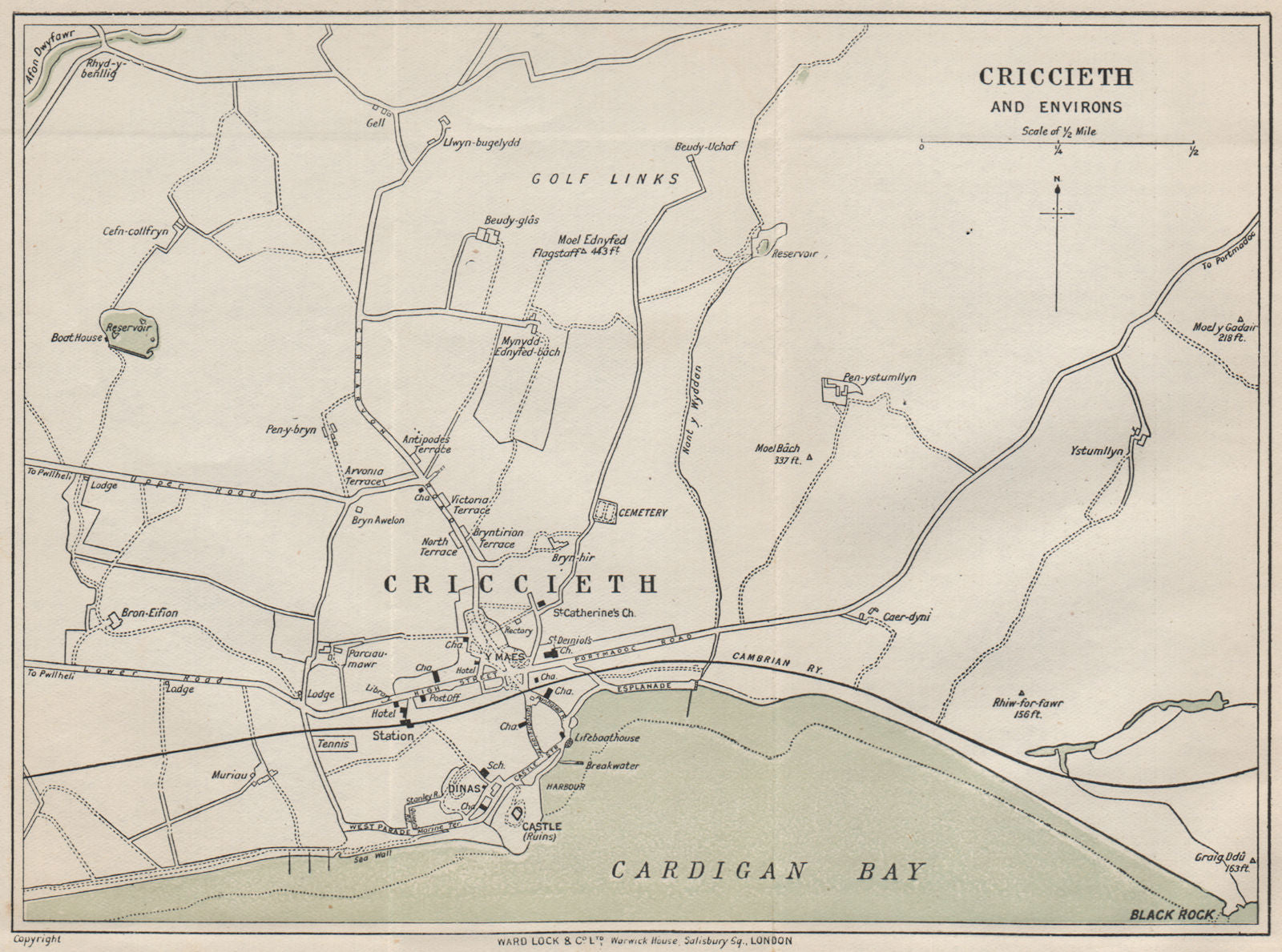 CRICCIETH AND ENVIRONS vintage town/city plan. Wales. WARD LOCK 1913 old map